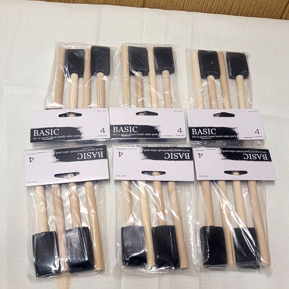 1" Basic Foam Brush Value Packs 6 Sets of 4 = 24 Total Brushes Wooden Handles